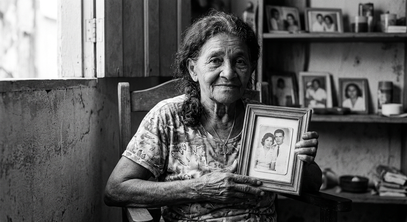 Retrato em preto e branco de Dona Raimunda, idosa homenageada